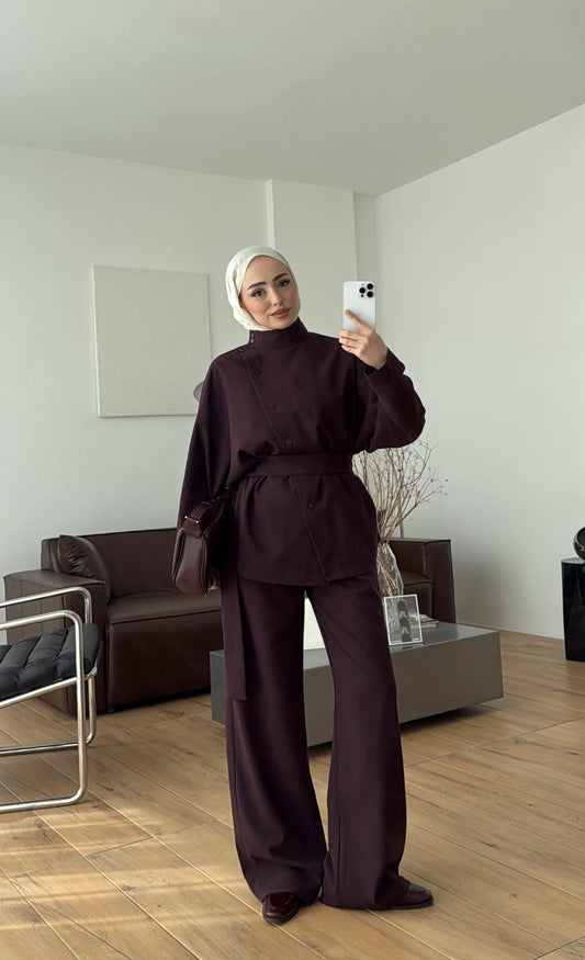 Belted side buttons shirt ,waistband straight leg trouser co-ord set- burgundy