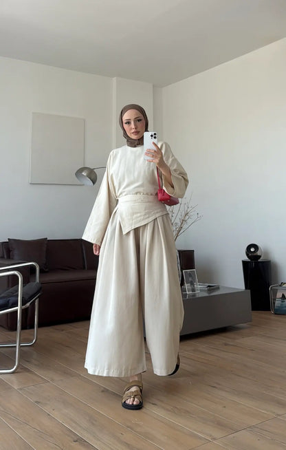 PIECE DETAILED LINEN SET - beige
