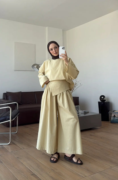 PIECE DETAILED LINEN SET - lime yellow