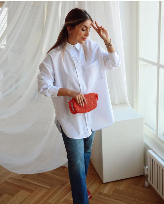 Oversized poplin shirt with strass buttons