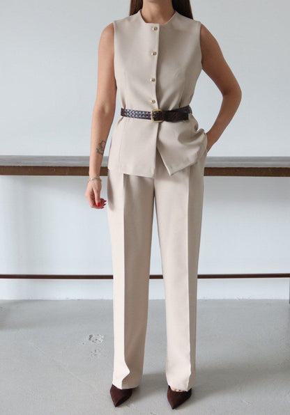 Beige Belted Vest and Trousers Set