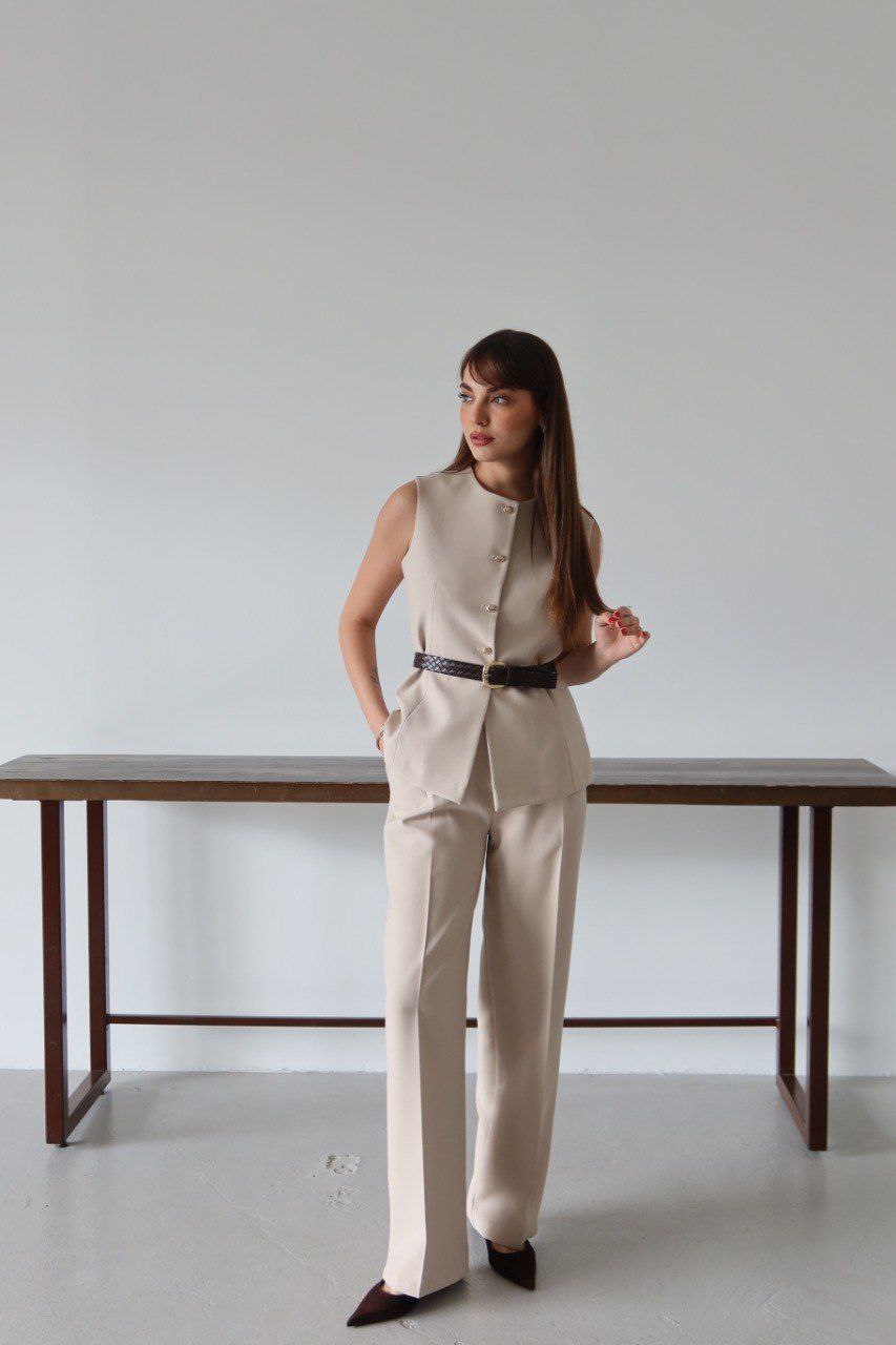 Beige Belted Vest and Trousers Set