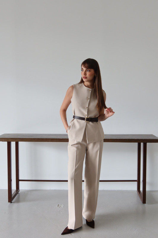 Beige Belted Vest and Trousers Set