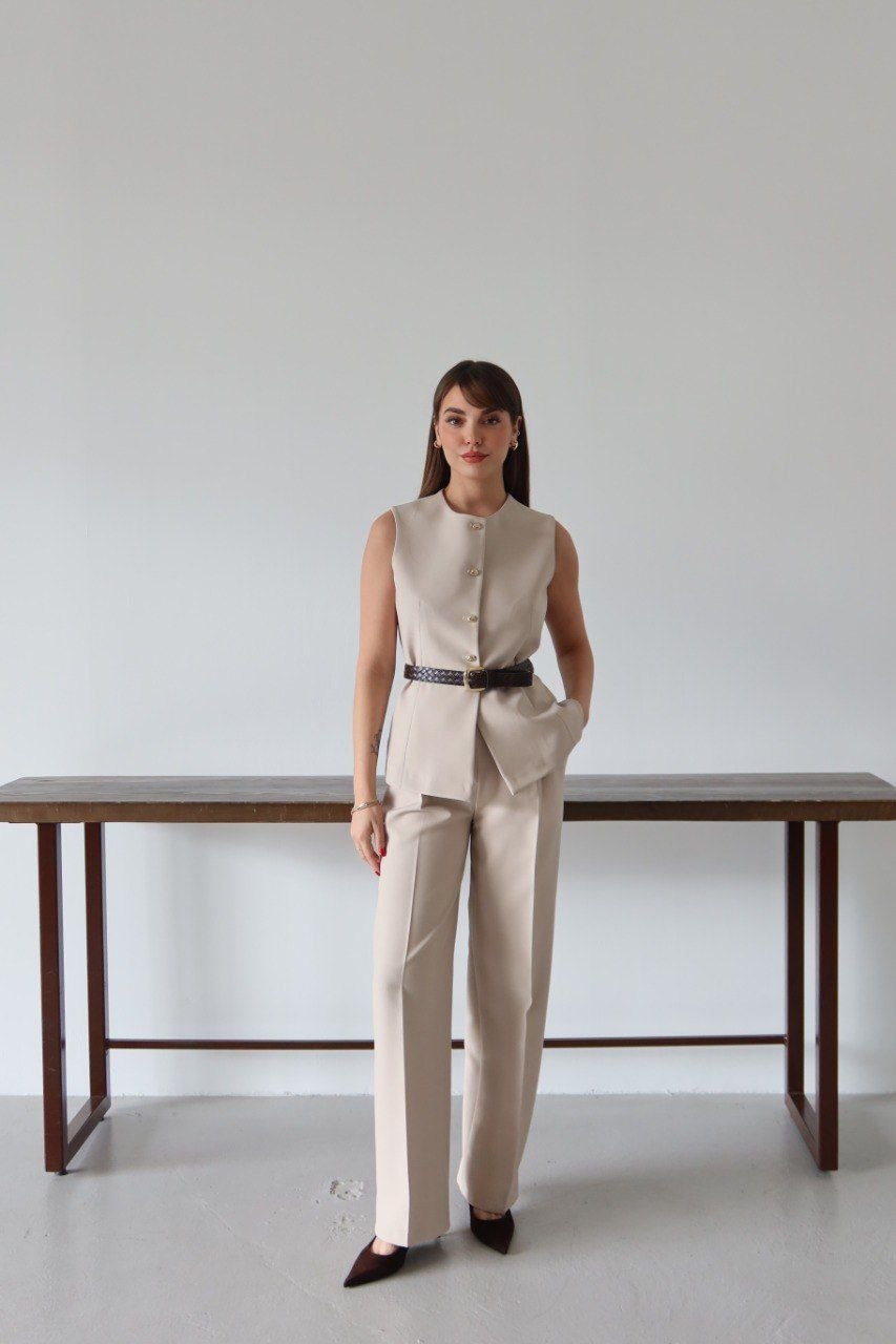 Beige Belted Vest and Trousers Set