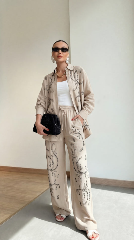 Beige Embellished with sewn rhinestones Relaxed Co-Ord Set