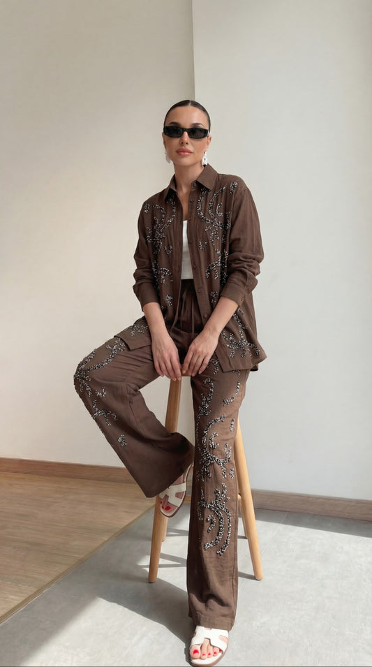 Brown Embellished with sewn rhinestones Relaxed Co-Ord Set