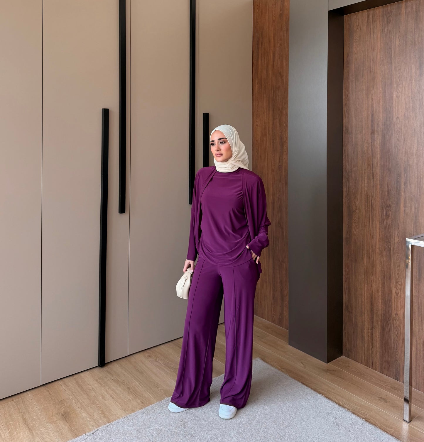 Three pieces stretch cotton fabric set - Aubergine