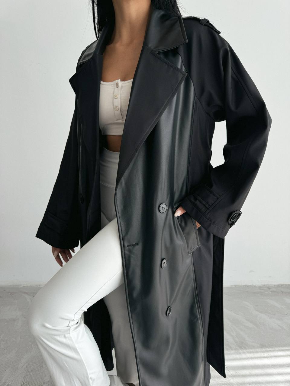 Trench coat with leather details