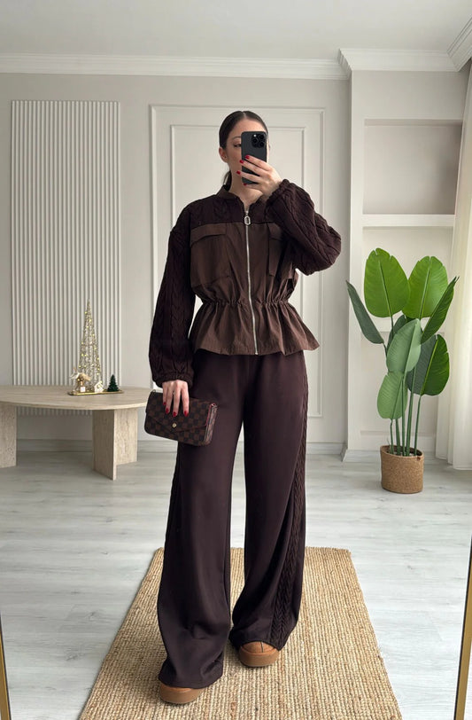 Brown parachute fabric Equivalent Knitted details Set with oysho fabric Trim