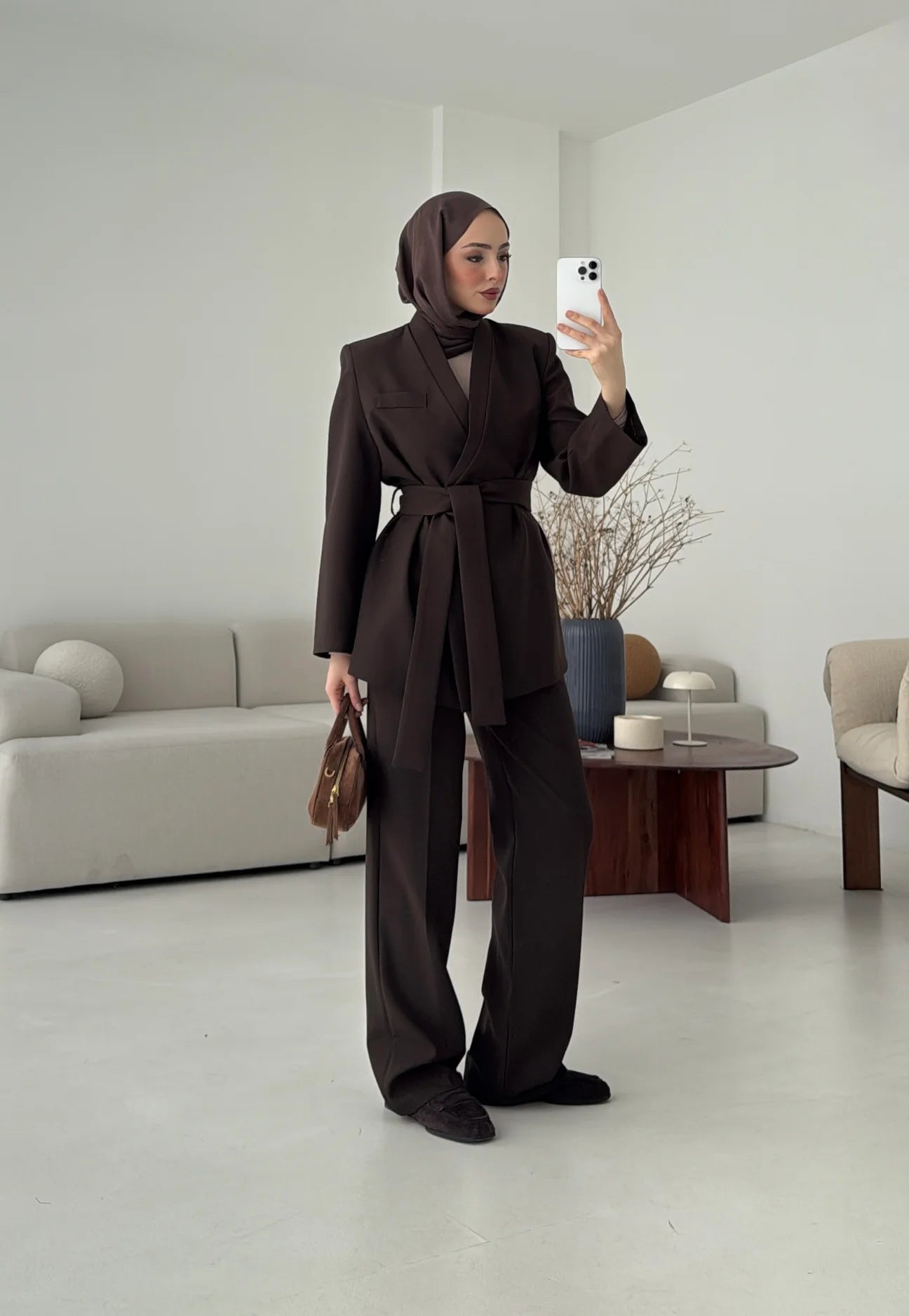 Brown Premium belted blazer wide leg trouser suit