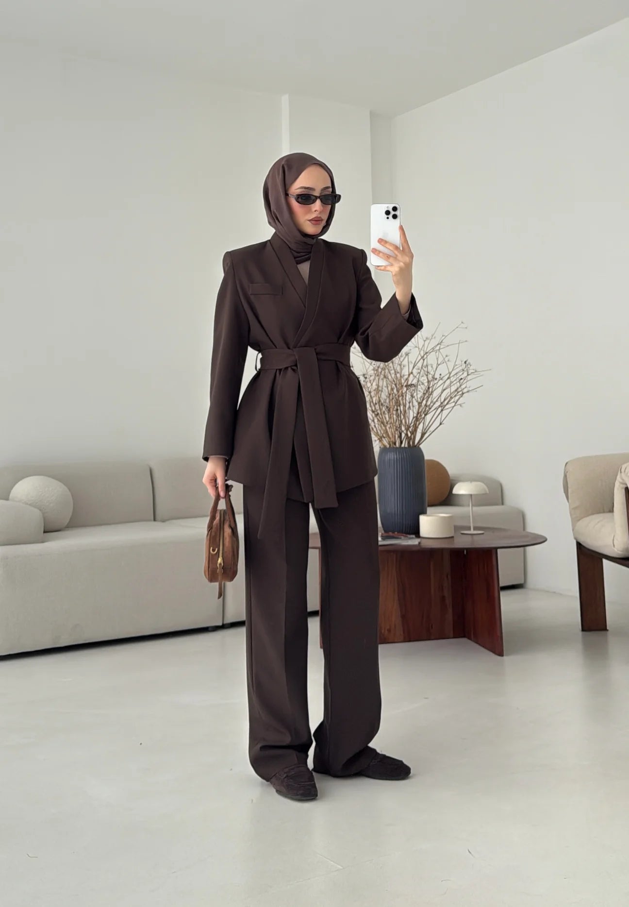 Brown Premium belted blazer wide leg trouser suit