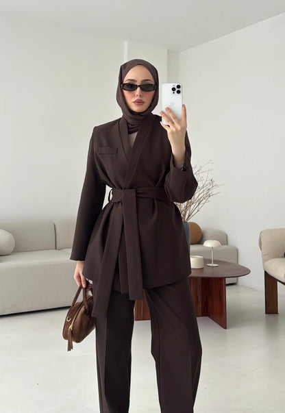 Brown Premium belted blazer wide leg trouser suit