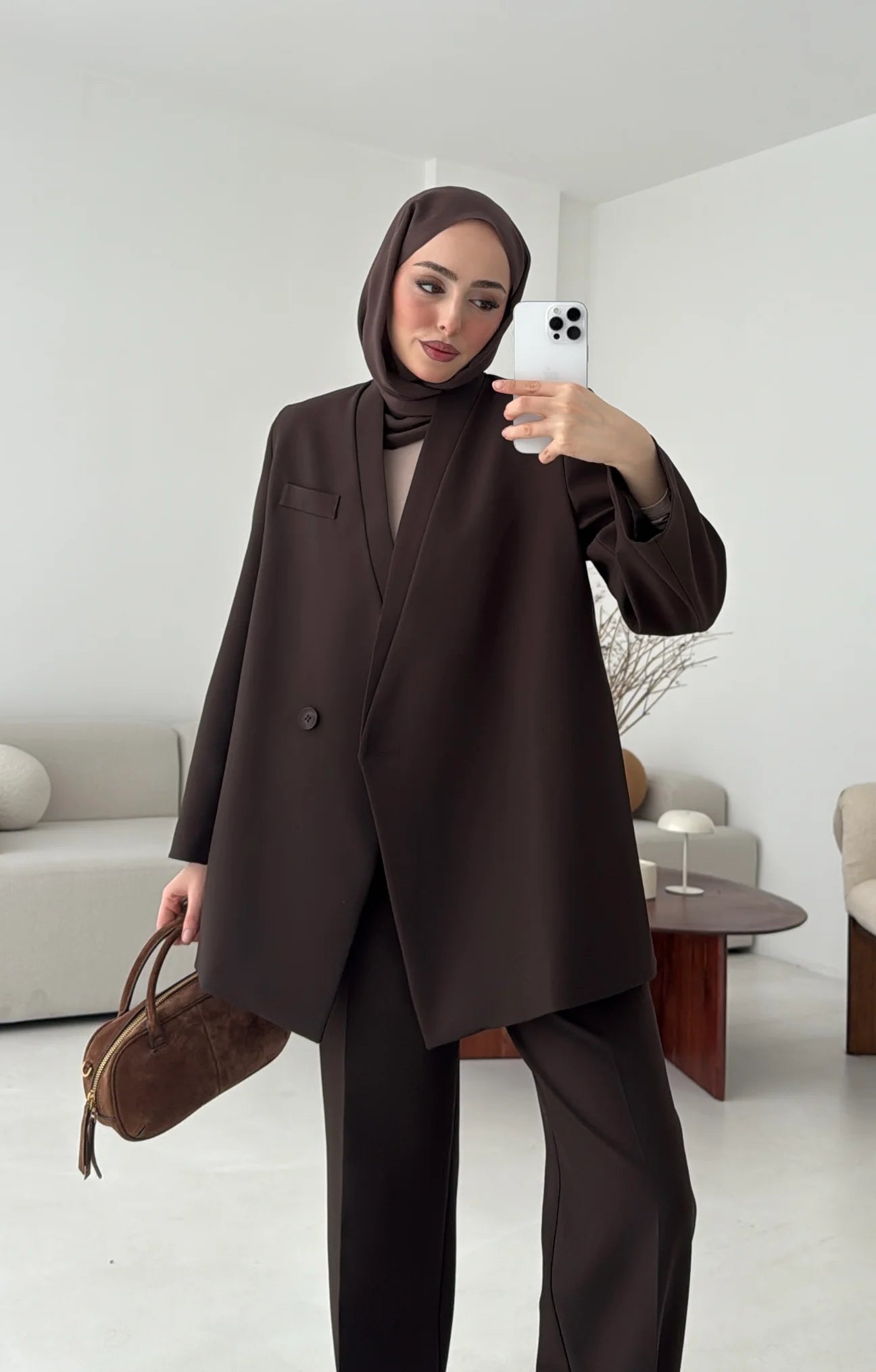 Brown Premium belted blazer wide leg trouser suit
