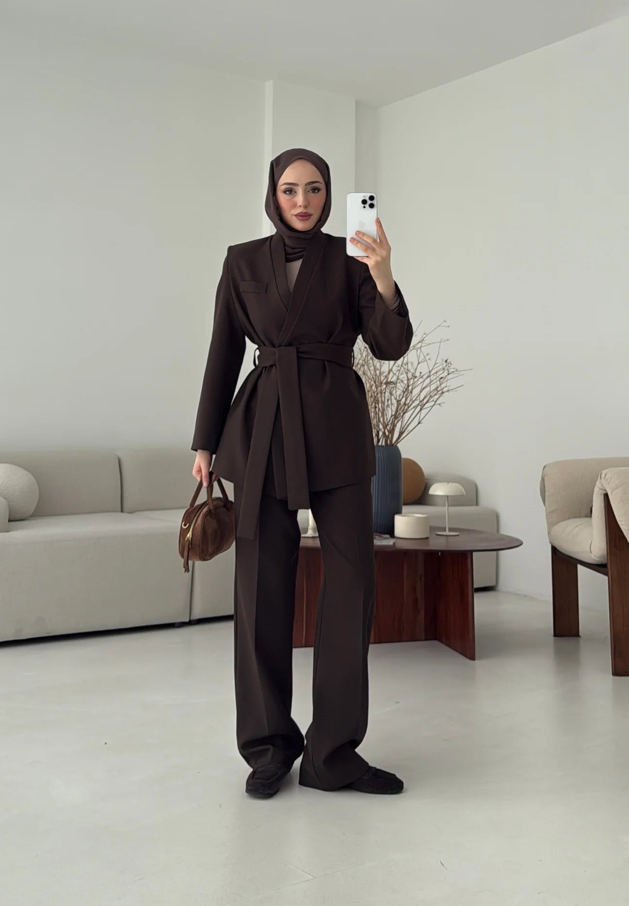 Brown Premium belted blazer wide leg trouser suit