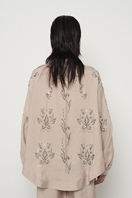 Beige premium Rhinestone Embellished Two-Piece Set