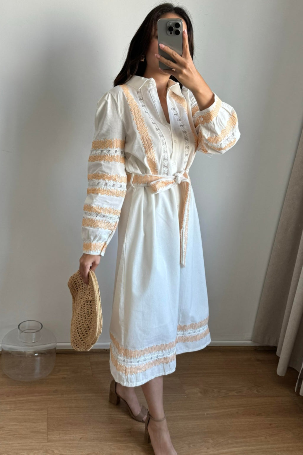 Belted dress with embroidery details