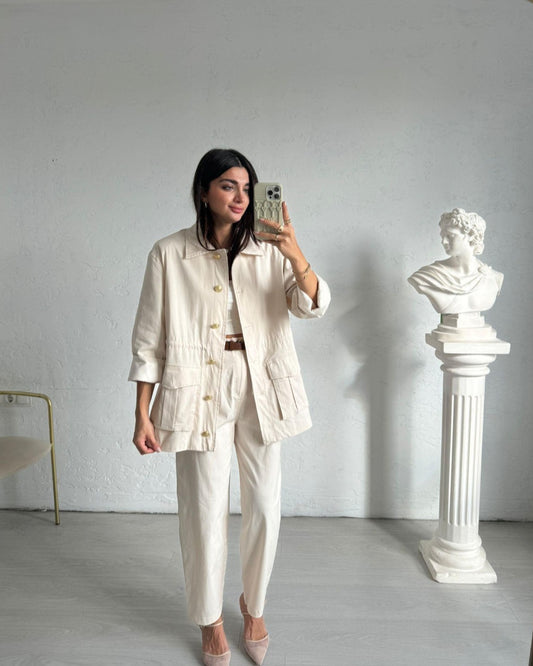 Jacket with gold buttons and inner belt, pants with belt