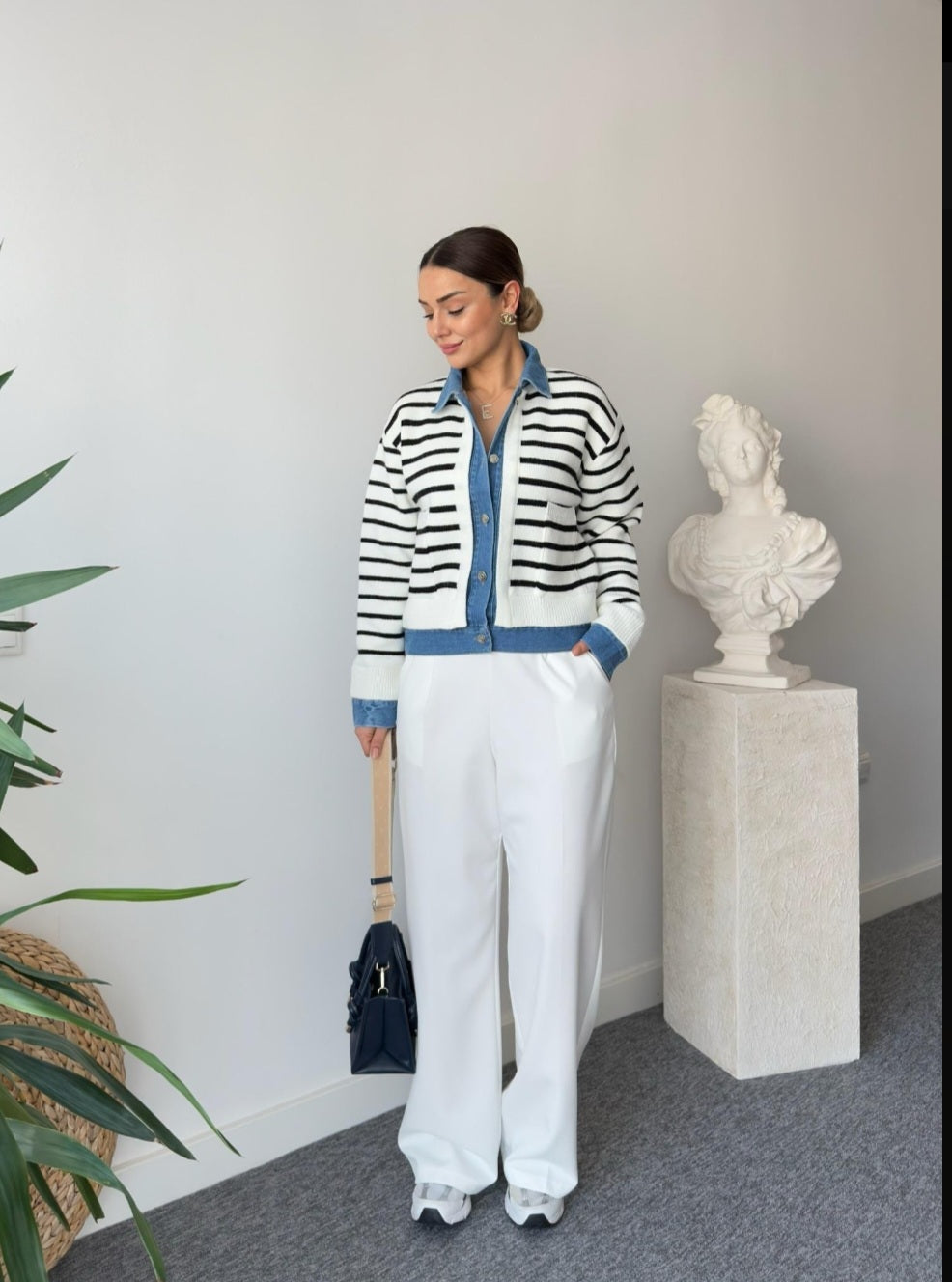 Knitted striped jacket with jeans details