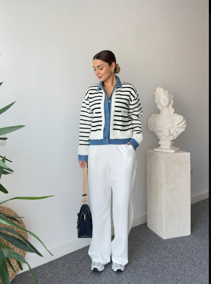 Knitted striped jacket with jeans details