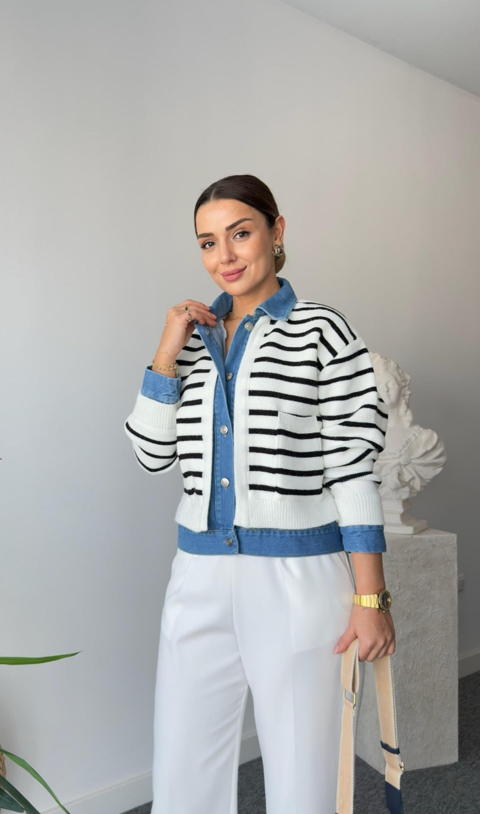 Knitted striped jacket with jeans details