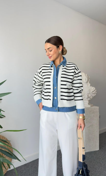 Knitted striped jacket with jeans details