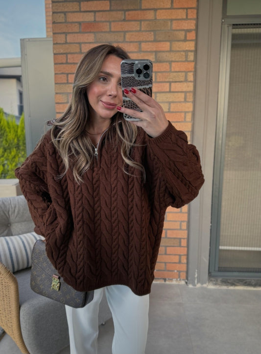 Half Zip Knitted Braided Textured Jumper