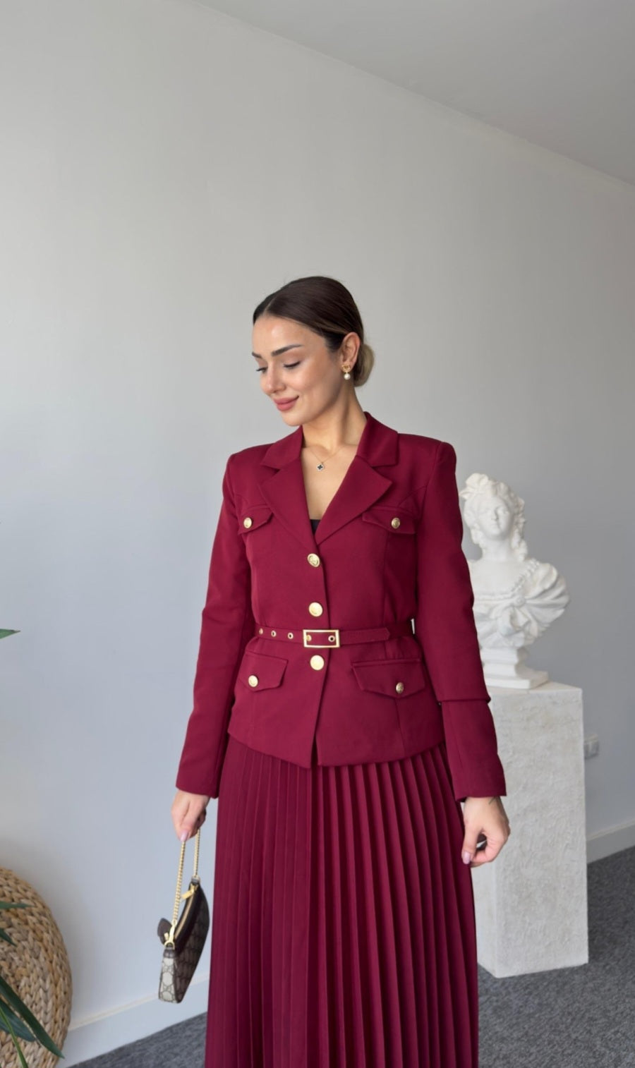 Belted blazer with pilise skirt co-ord suit