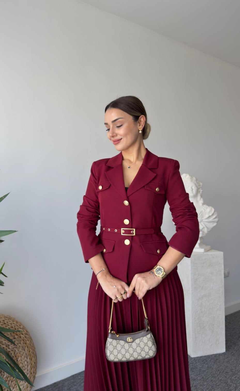 Belted blazer with pilise skirt co-ord suit