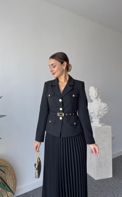 Belted blazer with pilise skirt co-ord suit