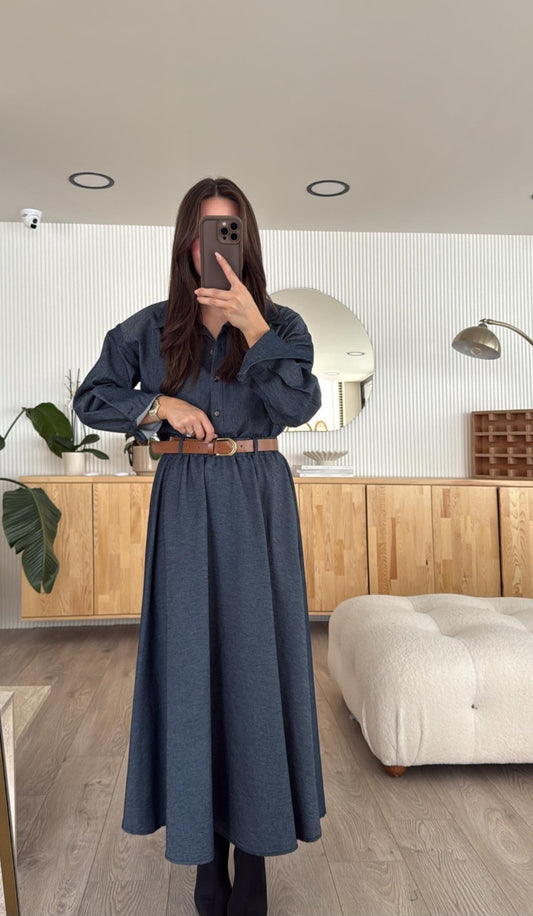 Padded shoulder shirt with belted skirt co-ord jeans set
