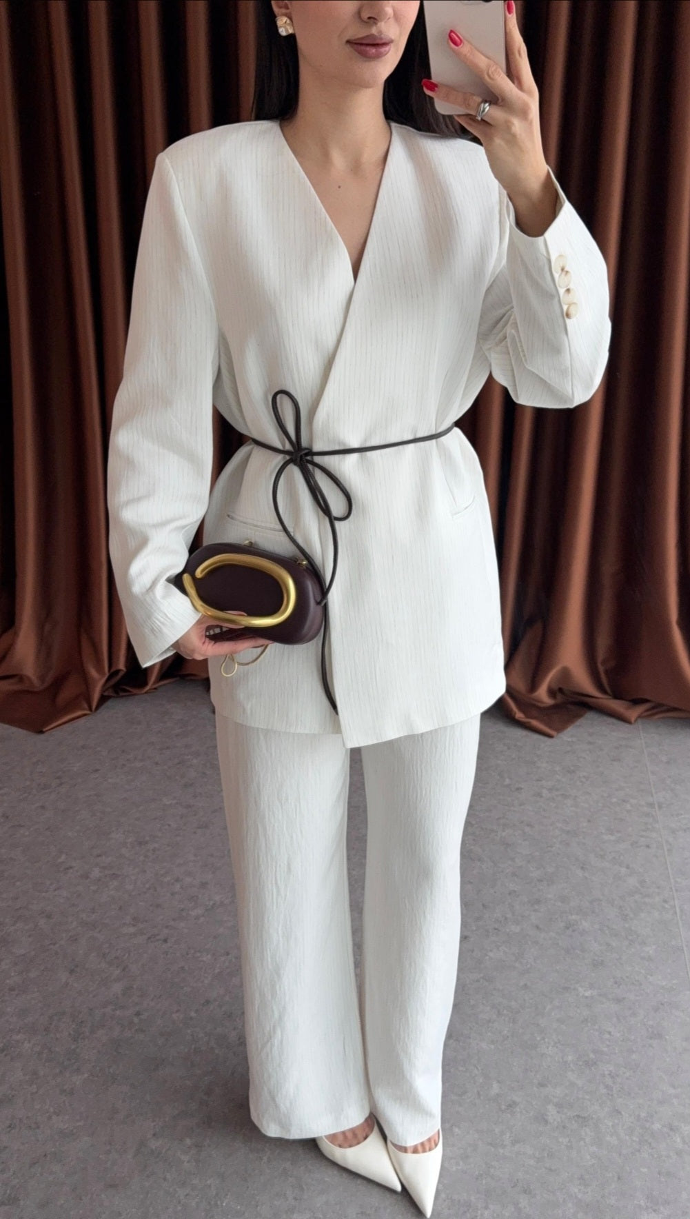 Striped blazer with a soft leather belt (one size )