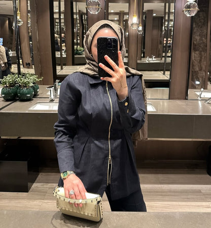 Gold zipper denim jacket, straight trouser co-ord set