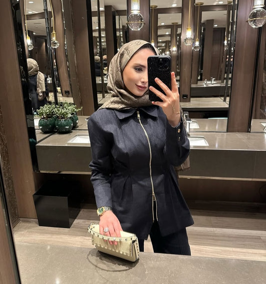 Gold zipper denim jacket, straight trouser co-ord set