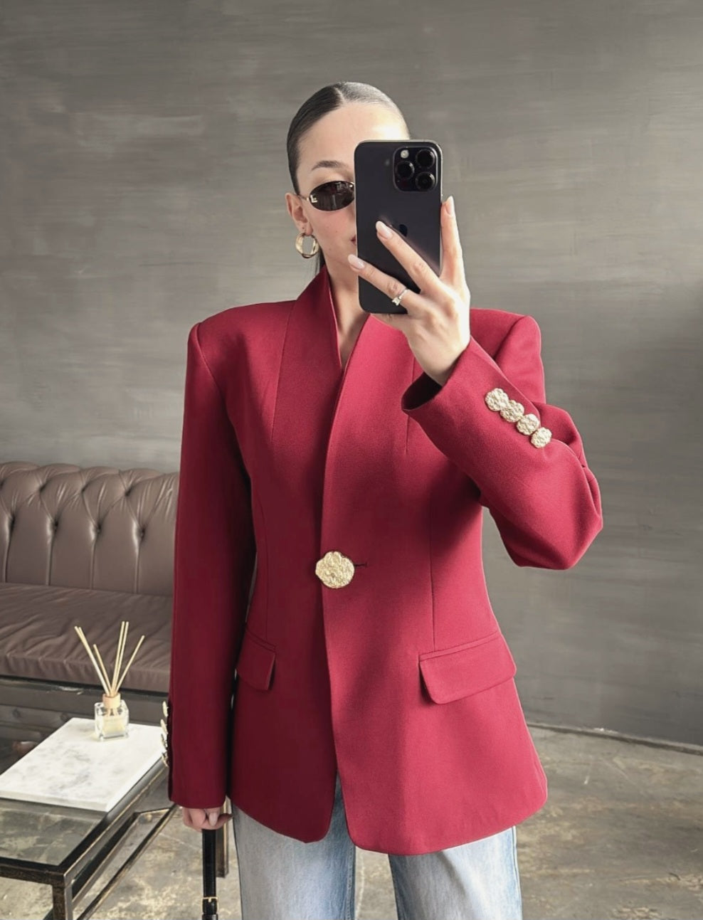 Chinese collar blazer with gold button