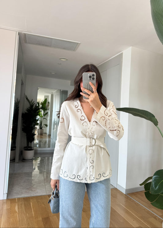 Belted Jacket with openwork embroidery