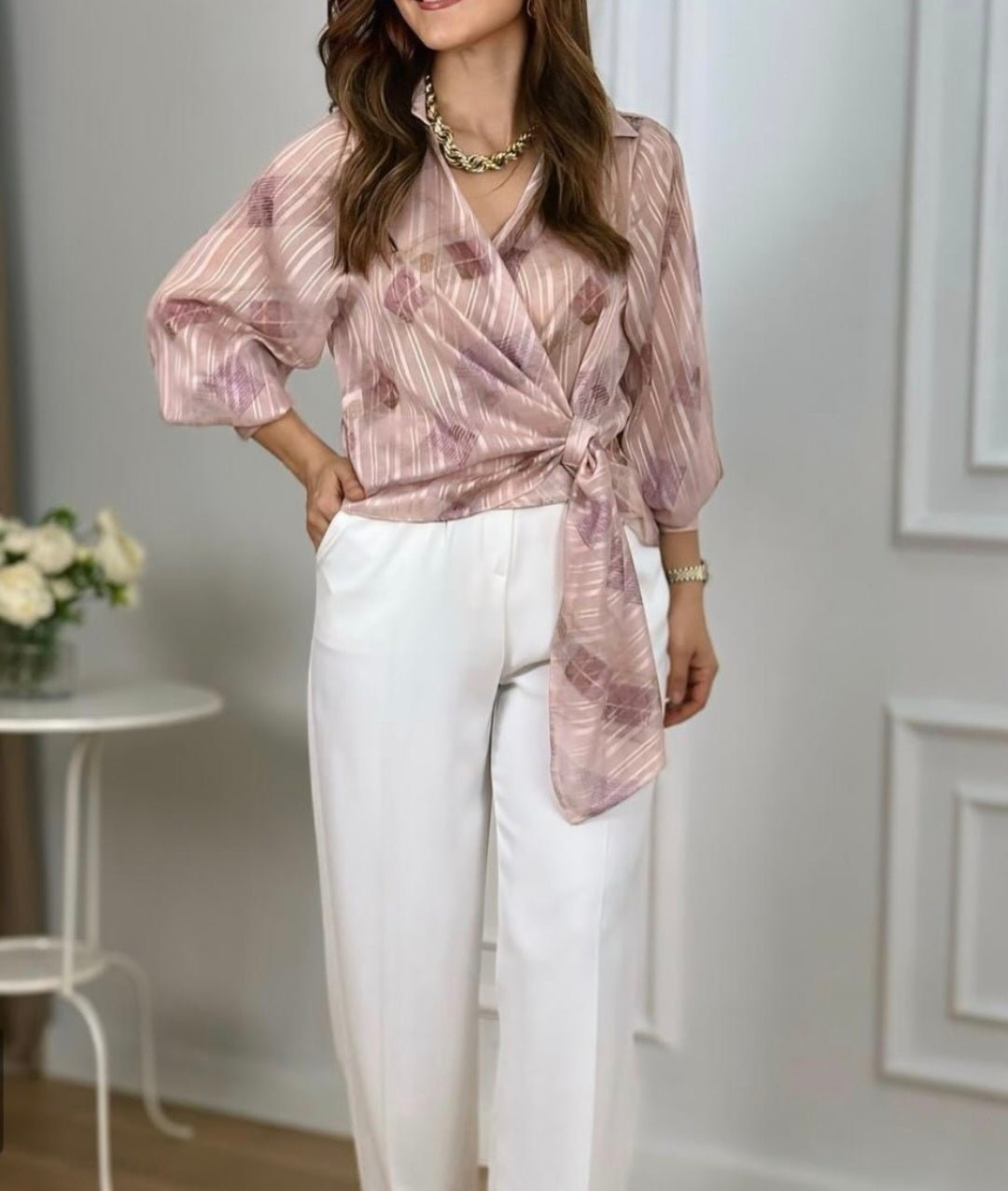 Zara model chiffon wrap blouse