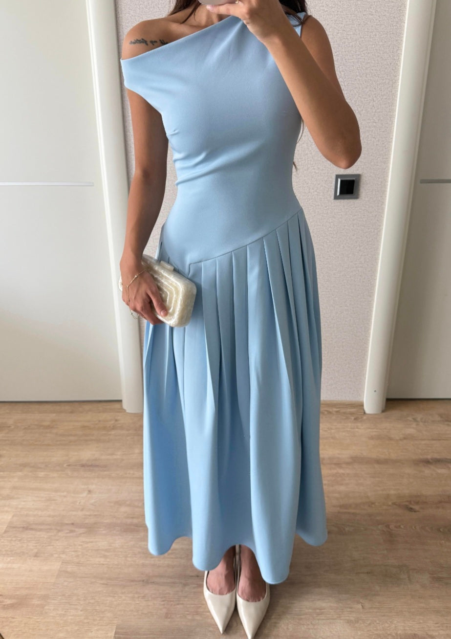 Asymmetric Collar pleated dress - blue