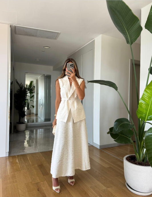 texture fabric belted vest with skirt co-ord set