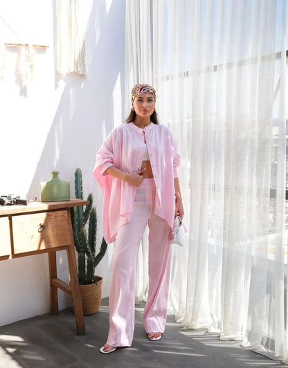 Premium linen bat sleeve shirt, waistband wide leg trouser co-ord set