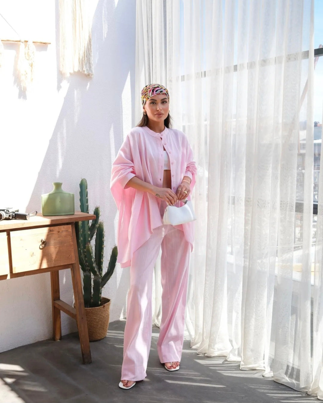 Premium linen bat sleeve shirt, waistband wide leg trouser co-ord set