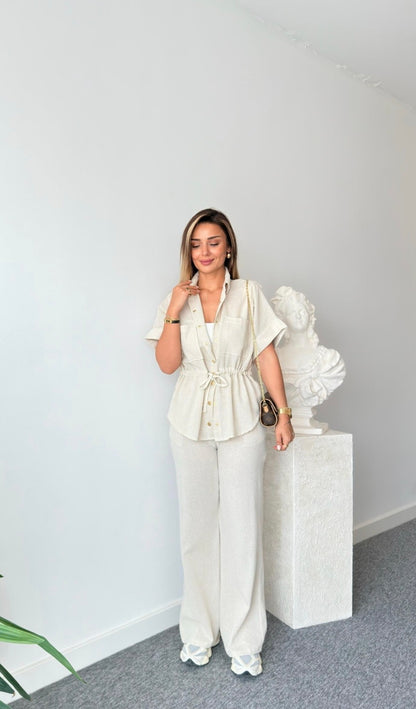 Gold buttons belted shirt co-ord set