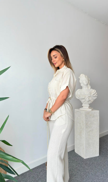 Gold buttons belted shirt co-ord set