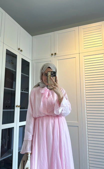 Ruffle sleeve shirt with tie at neck,maxi skirt co-ord set