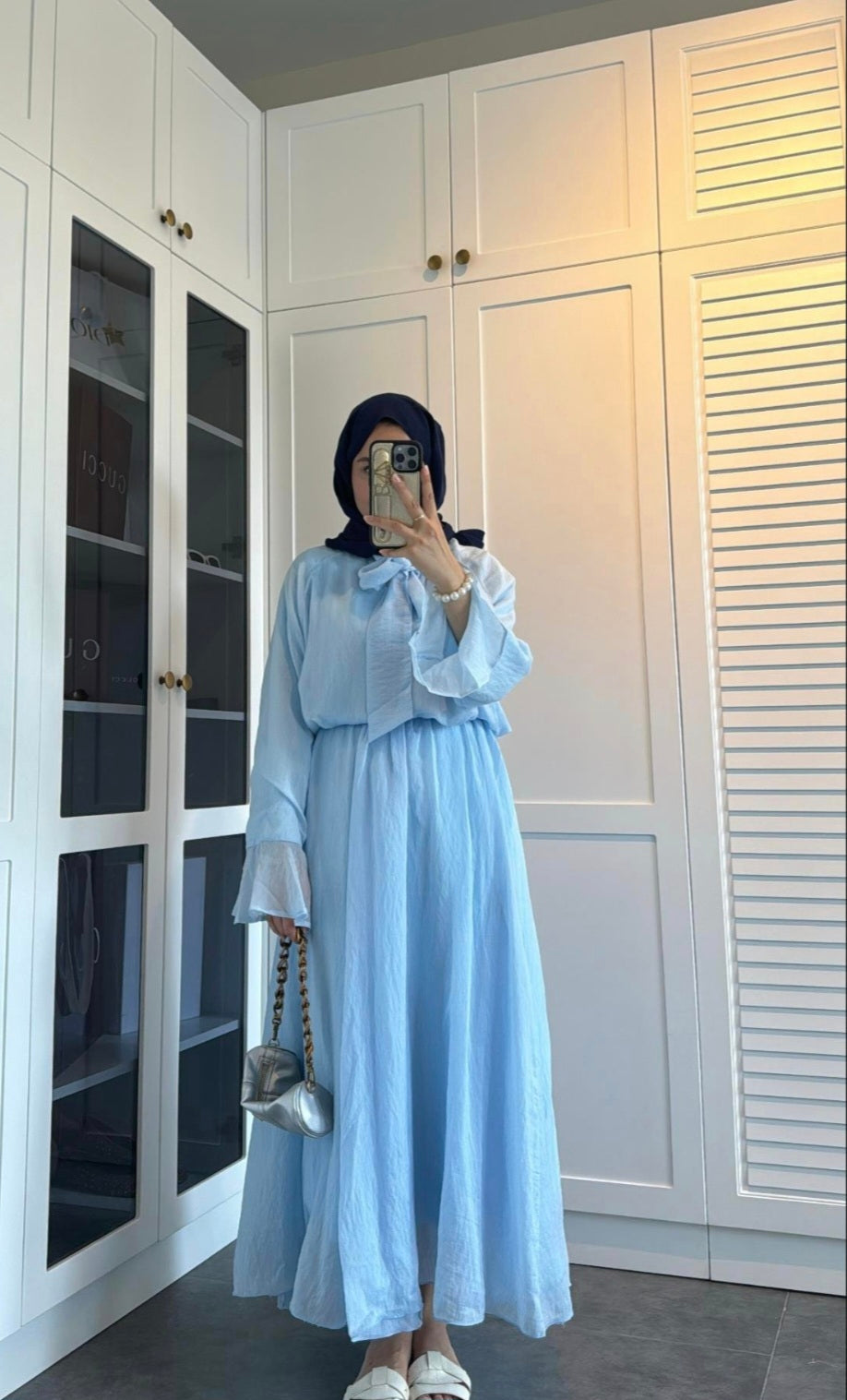 Ruffle sleeve shirt with tie at neck,maxi skirt co-ord set