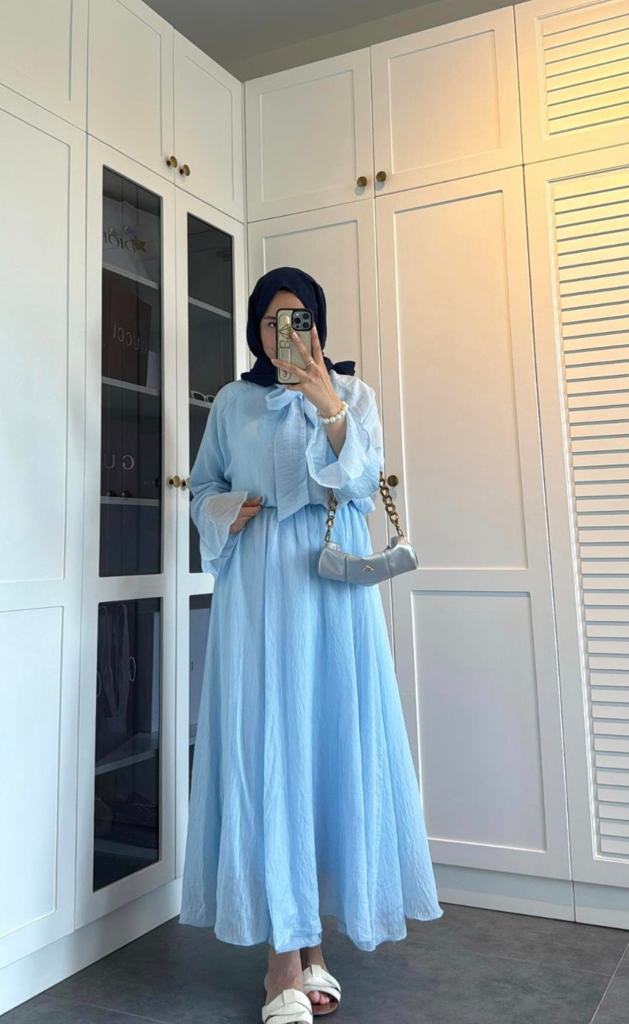 Ruffle sleeve shirt with tie at neck,maxi skirt co-ord set