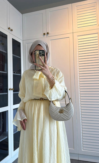 Ruffle sleeve shirt with tie at neck,maxi skirt co-ord set