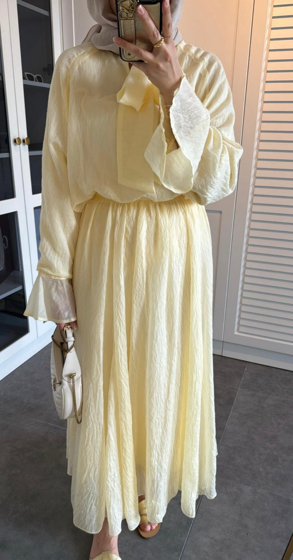Ruffle sleeve shirt with tie at neck,maxi skirt co-ord set