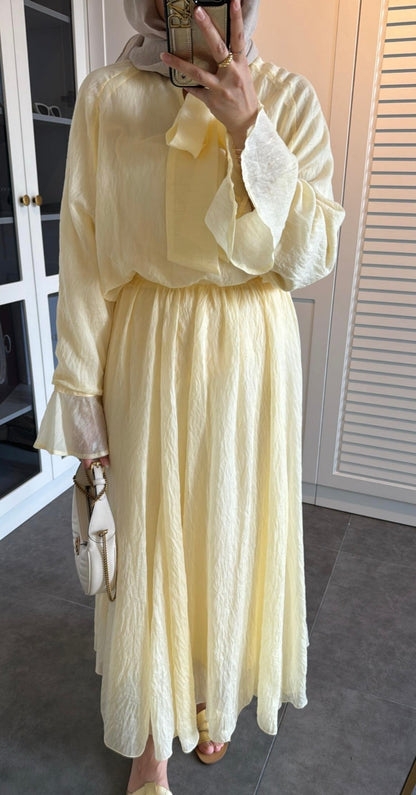 Ruffle sleeve shirt with tie at neck,maxi skirt co-ord set