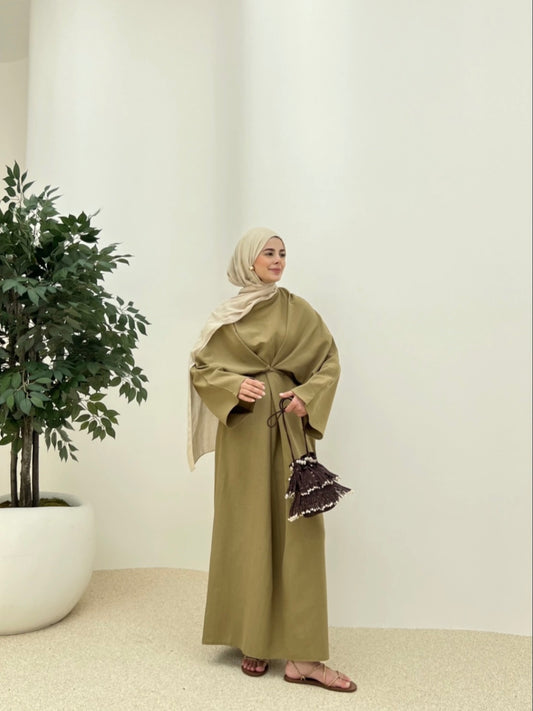 Wide sleeve belted linen dress