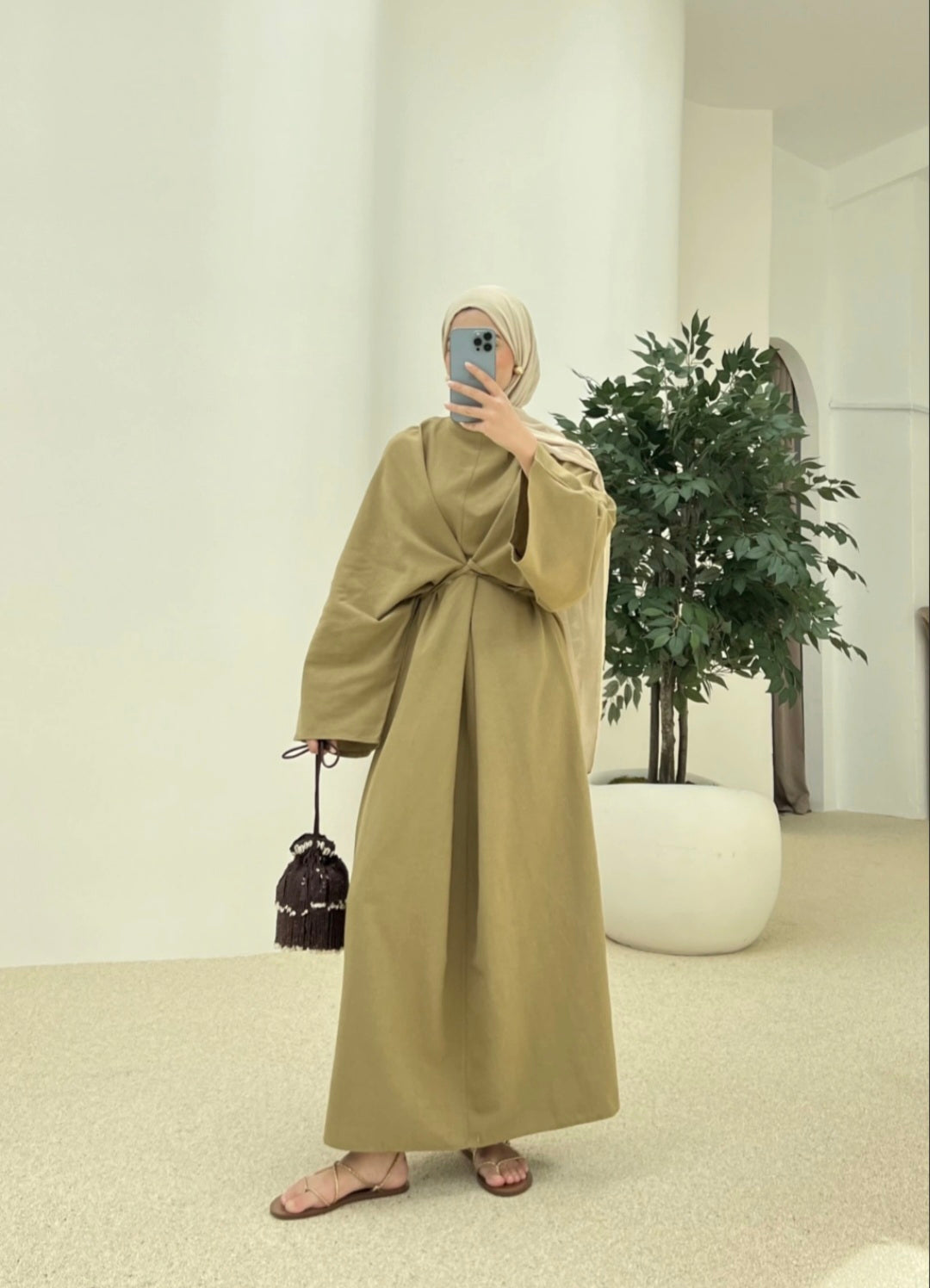 Wide sleeve belted linen dress